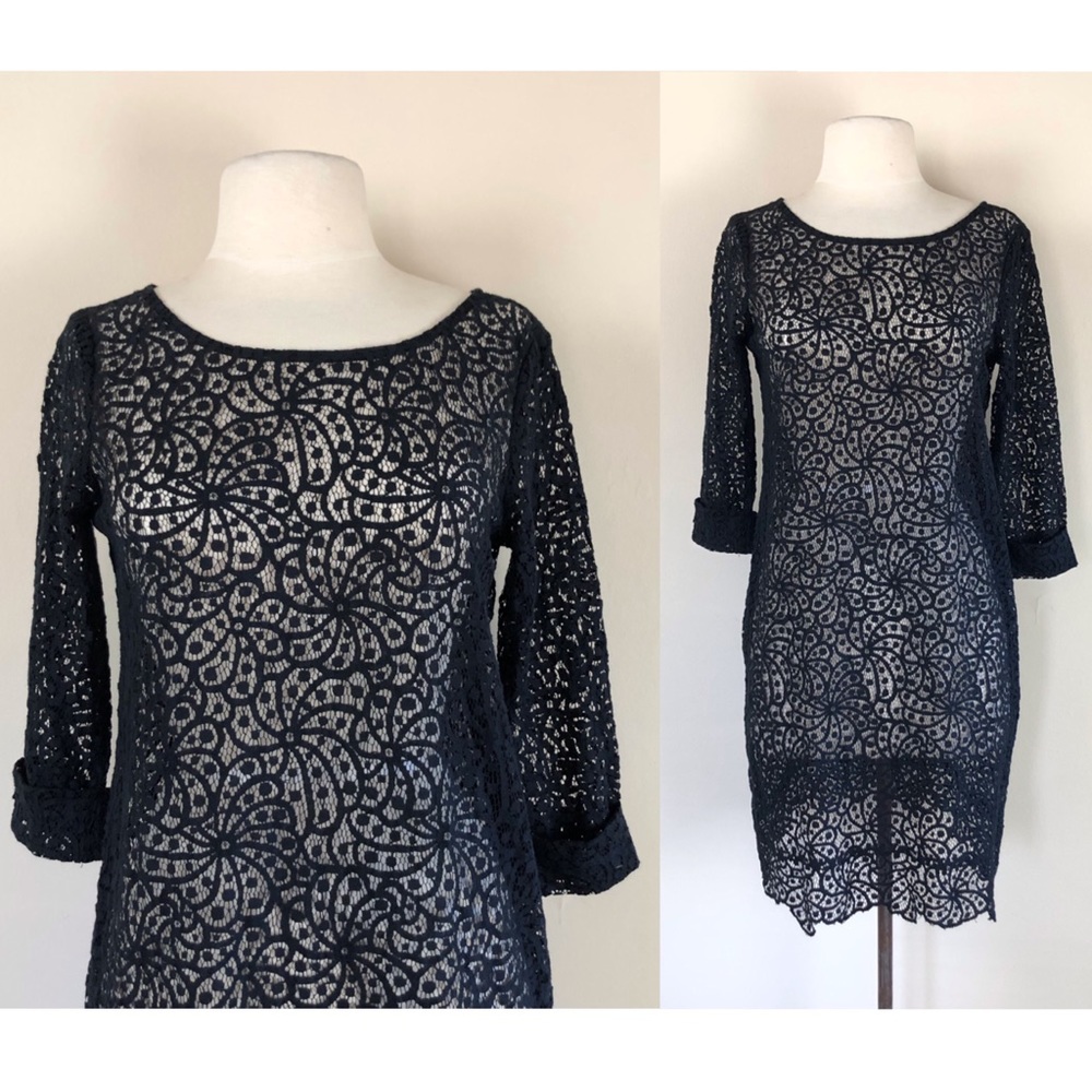 Ella Moss lace‎ mini dress sheer crochet lace tunic boho hippie gypsy mod grunge